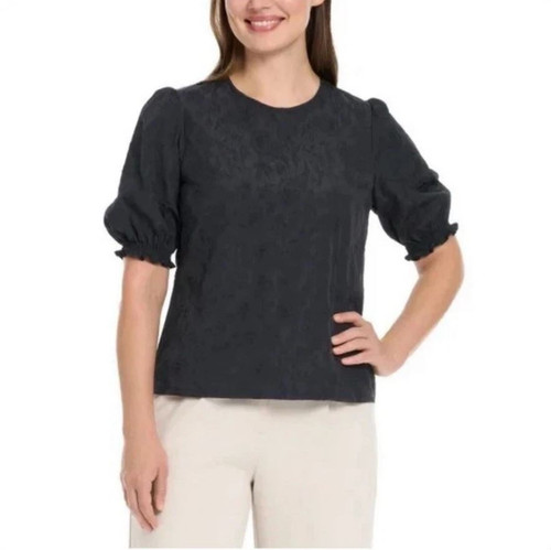 Ted Baker Women’s Floral Textured Puff Sleeve Blouse Top, Black, Large
