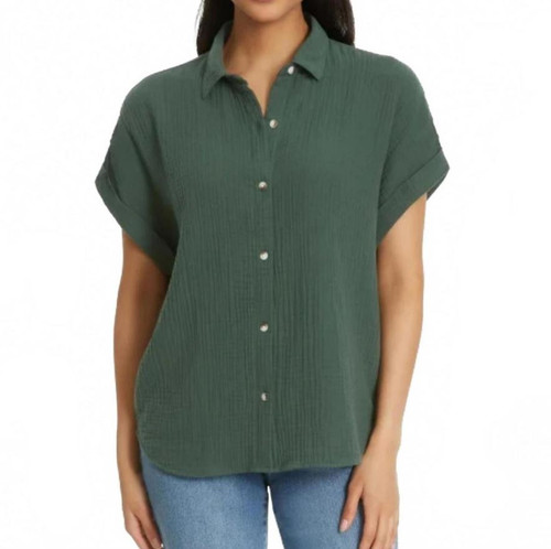 Jessica Simpson Gauze Women's Button Down Short Sleeves, Green, Large