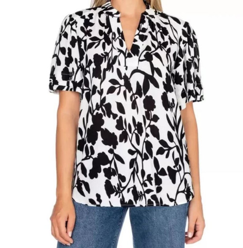 Well Worn Women's Blue Cuffed Ruffle Sleeve V-Neck Top, Black, Large