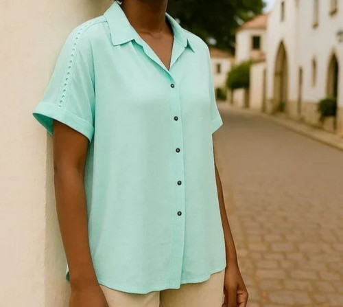 Felina Women's Button Front Top Collared Short Sleeve Shirt, Blue, Small