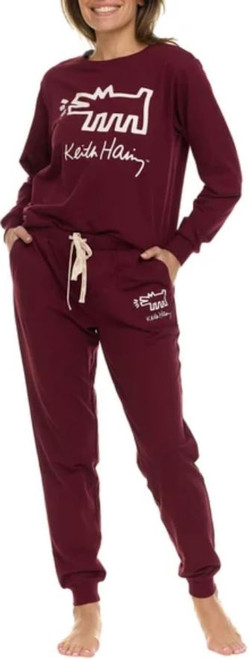 Keith Haring Women's 2 Piece Super Soft Fleece Pajama Set,  Burgundy, Small