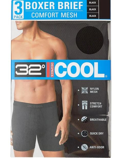 32 Degrees Men's Comfort Mesh Boxer Brief 3-Pack, Black, Small