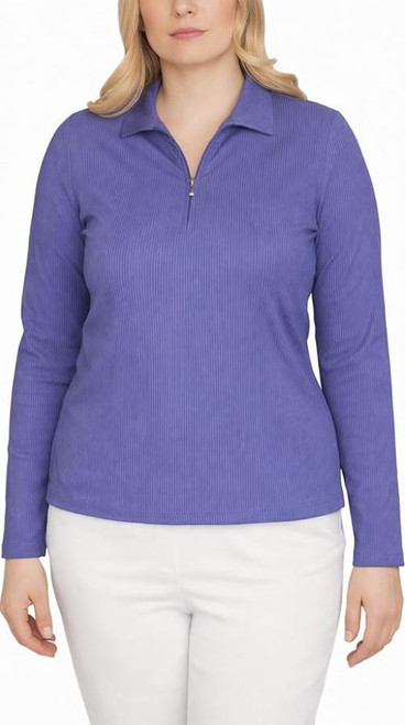 Greg Norman Women's Long Sleeve Ribbed 1/4 Zip Top, Blue, Medium