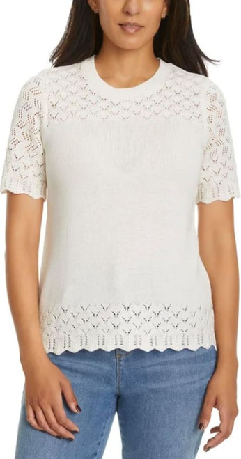 Jessica Simpson Women's Short Sleeve Pointelle Top, Ivory, Medium