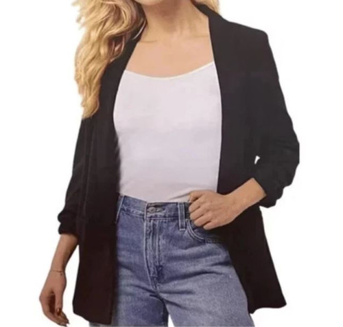 Dakota Blue Crepe Women's Blazer, Ruched Sleeves, Black, Large