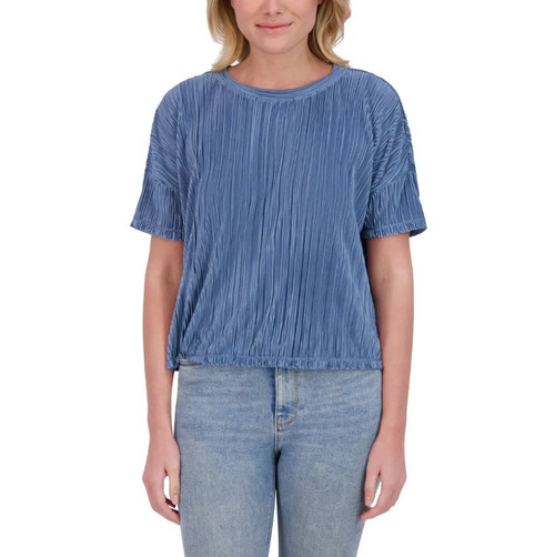 Andrew Marc Women's Short Sleeved Plisse Blouse, Light Blue, Small