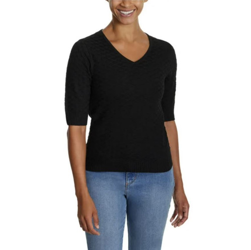 Ella Moss Women's Elbow Sleeve V-Neck Sweater, Black, Large