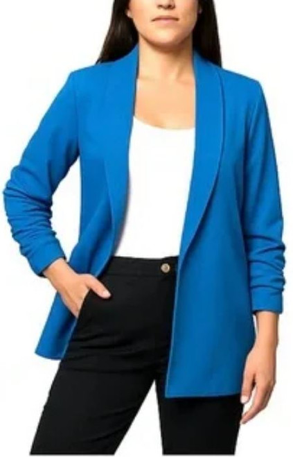 Dakota Blue Crepe Women's Blazer, Ruched Sleeves, Blue, 2X-Large