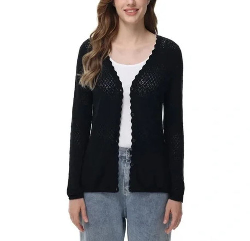 Frye Women's Pointelle Long Sleeve Cardigan Sweater, Black, Large