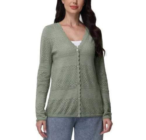 Frye Women's Pointelle Long Sleeve Cardigan Sweater, Seagrass, Medium