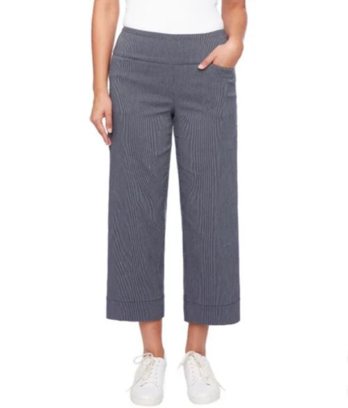 S.C. & CO. Women's Wide Leg Pinstripe, Tummy Control Cropped Pants, Navy, Medium
