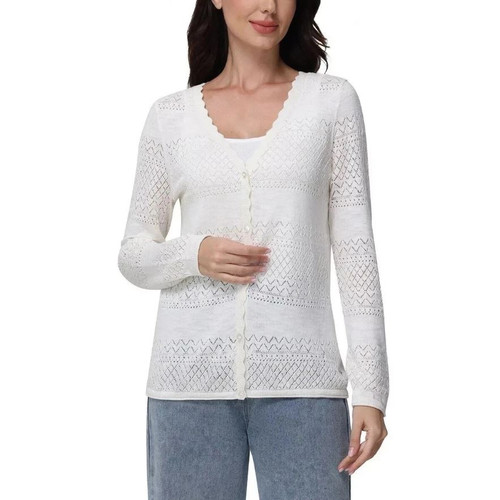 Frye Women's Pointelle Long Sleeve Cardigan Sweater, Ivory, Large