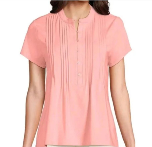 Lands' End Short Sleeve Lightweight Jersey Button Pintuck Top, Pink, Small