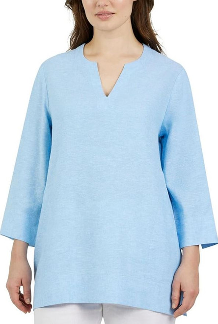 Lands' End Women's 3/4 Sleeve Linen Blend Tunic Top, Blue, Small