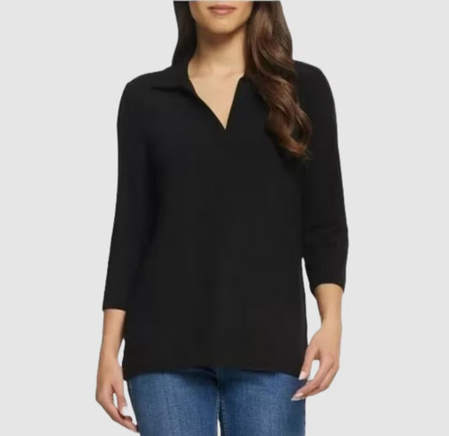 Matty M Women's Collared 3/4 Sleeve Top, Black, Large
