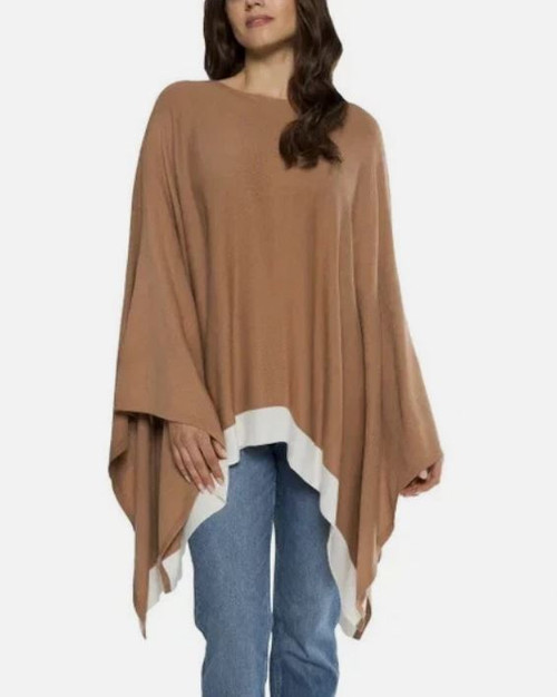 Matty M Womens Sweater Tan Poncho Boat Neck Long Sleeves, Tan, One Size