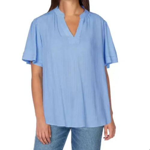 Well Worn Women's Blue Cuffed Ruffle Sleeve V-Neck Top, Blue, Large