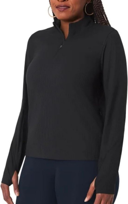 Mondetta Active Women's Long Sleeve Active Ribbed 1/2 Zip Top with Thumb Holes, Black, Medium