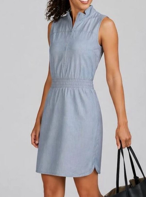 Elle Sport Sleeveless Chambray Dress with Elastic Waist, Blue, Large