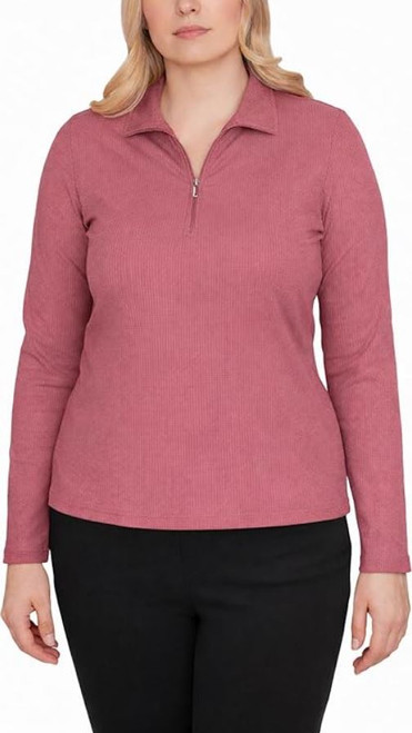 Greg Norman Women's Long Sleeve Ribbed 1/4 Zip Top, Red, 2X-Large