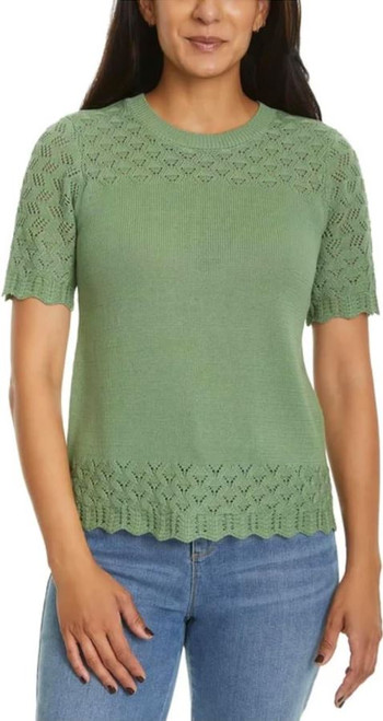Jessica Simpson Women's Short Sleeve Pointelle Top, Green, X-Large