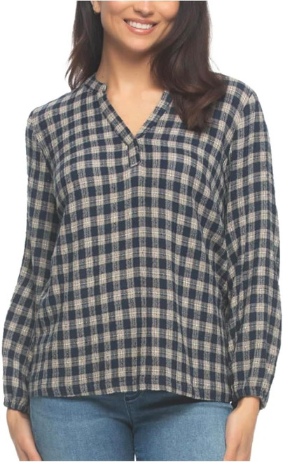 Felina Women's Lurex Plaid Long Sleeve Top, Navy Plaid, Large