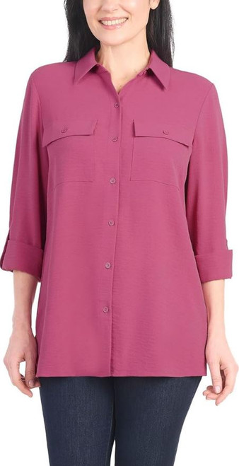 Hilary Radley Women's Roll Tab Sleeve Blouse, Long Sleeve, Dark Pink, Small