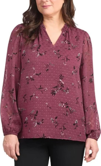 Hilary Radley Women's Long Sleeve Blouse Shirt, Burgundy Combo, X-Large