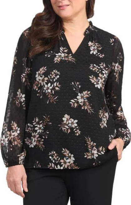Hilary Radley Women's Long Sleeve Blouse Shirt, Black Combo, Large