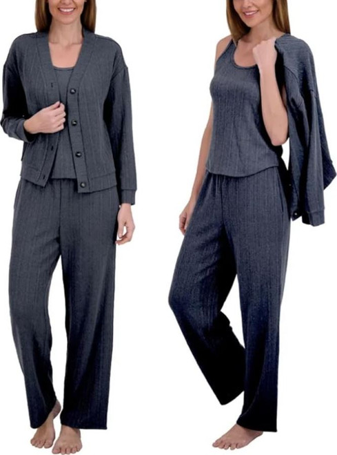 Live 2 Lounge Women's 3 Piece Textured Cable Knit Lounge Set, Navy, Small