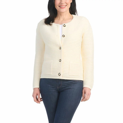 Hilary Radley Women's Textured Knit Cardigan Sweater, Cream, Large
