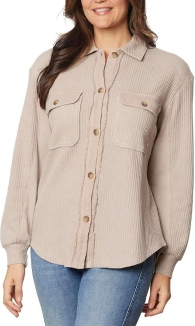 Briggs Women's Relaxed Fit Button Front Long Sleeve Waffle Shirt, Tan, Large