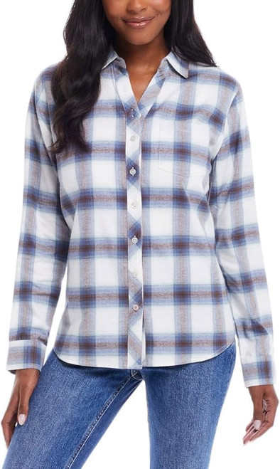 Weatherproof Vintage Women Classic Fit Long Plaid Flannel Shirt, Blue, Small