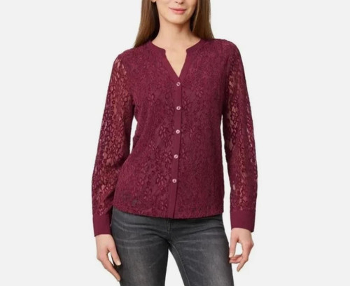 Cable & Gauge Women's Lace Long Sleeve Lightweight Blouse, Tawny Port, Large