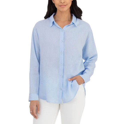 BlankNYC Women's Linen Blend Button Up Shirt, Blue, Large