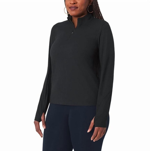 Mondetta Women's Long Sleeve Active Ribbed Quarter-Zip Pullover, Black, Large