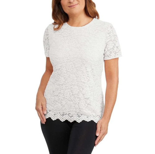 Teddi Rose Floral Lace Overlay Short Sleeve Top, White, Large