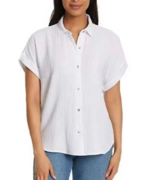 Jessica Simpson Gauze Women's Button Down Short Sleeves, White, X-Large