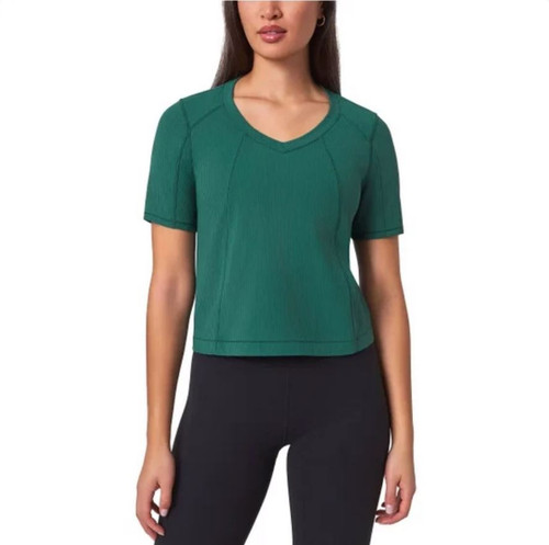 Mondetta Women's Ribbed V-Neck Short Sleeve Top, Green, Medium