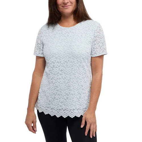 Teddi Rose Floral Lace Overlay Short Sleeve Top, Light Blue, Small