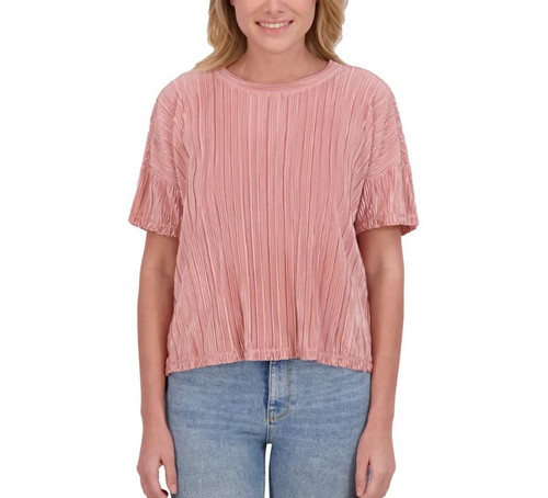Andrew Marc Women's Short Sleeved Plisse Blouse, Pink, Small