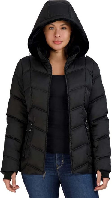 Nautica Women's Hooded Midweight Puffer Jacket, Detachable Hood, Black, Large