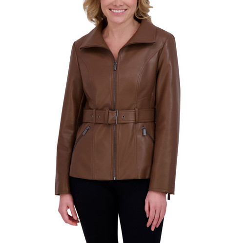 Kenneth Cole Women's Belted Faux Leather Jacket, Brown, Large