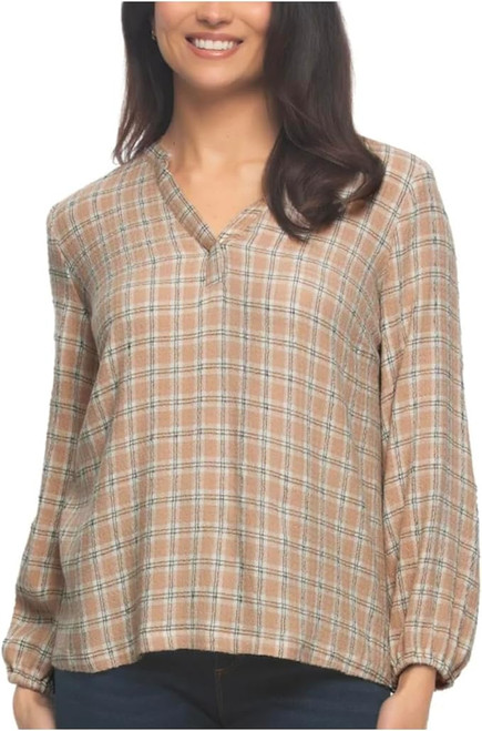 Felina Women's Lurex Plaid Long Sleeve Top, Cream Plaid, XXL