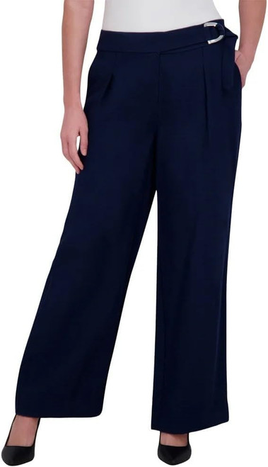 DKNY Women's Front Pleat Lightweight Wide Leg Belted pants, Navy, 14