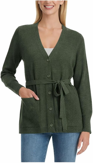 Splendid Women's Belted Button Front Long Sleeve Cardigan, Green, XL