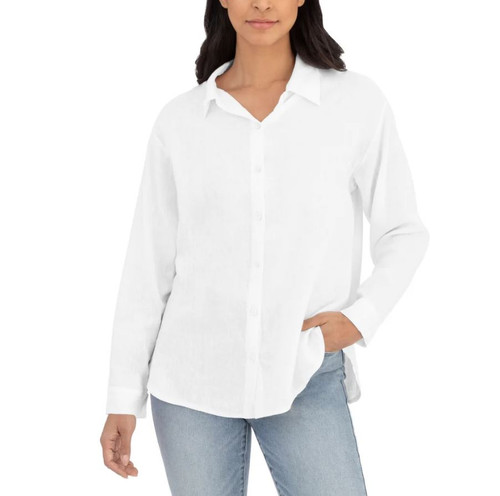BlankNYC Women's Linen Blend Button Up Shirt, White, Medium