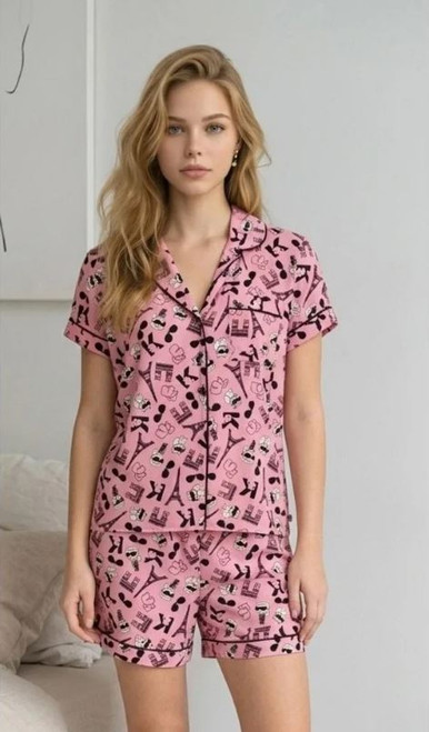 Karl Lagerfeld Women's Paris Graphic Short Sleeve PJ Set, Pink, X-Large