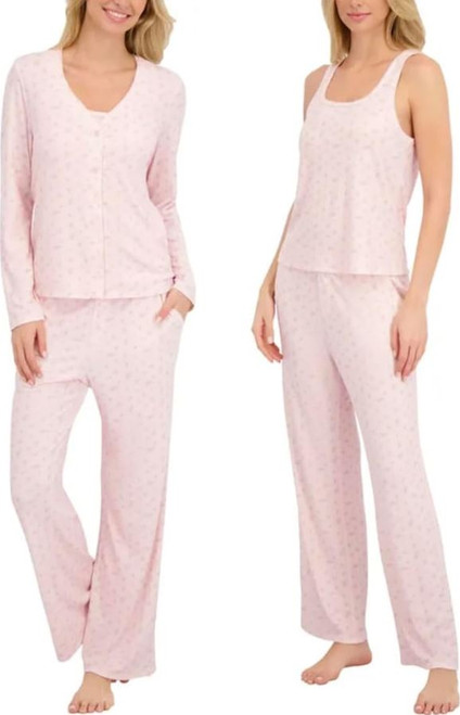 Live2Lounge Women’s 3 Piece Picot Ribbed Pajama Lounge Set, Pink, X-Large
