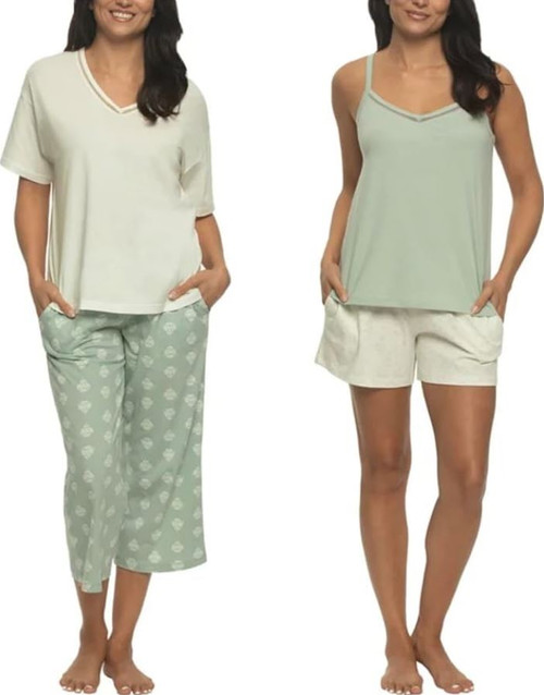 Felina Women's 4 Piece Sleep Pajama Set, Tee, Tank, Short, Capri Pant, Green, X-Small